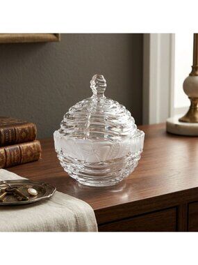 Crystal Clear Germany 24% Lead Crystal Covered Candy Dish Frosted Floral Jar